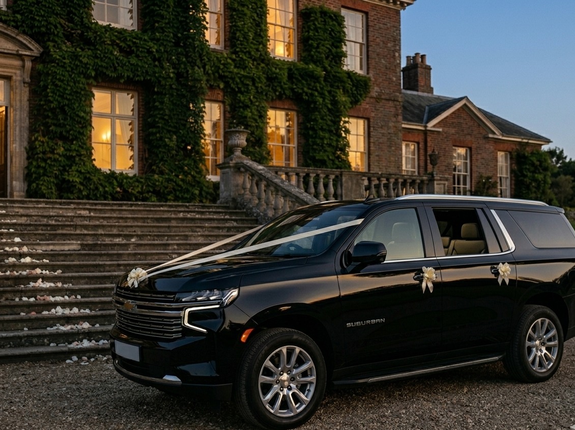 FAAAMO Suburban with wedding ribbons at estate